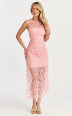 Hazel Midi Dress - 3D Flower Net Bodycon Dress in Pink