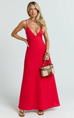 Hinata Maxi Dress - Linen Blend Slip Dress in Red