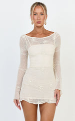 Hinata Mini Dress - Crochet Flared Sleeve Fit And Flare Dress in Ivory