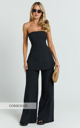 Isadora Two Piece Top and Pants Set - Strapless Longline Top and Wide Leg Pants Set in Black