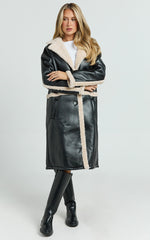 Jan Coat - Longline Faux Shearling Aviator Coat in Black