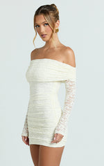 Jensen Mini Dress - Off Shoulder Stretch Lace Bodycon Dress in Cream