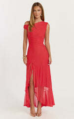 Judee Midi Dress - One Shoulder High Side Split Dress in Red