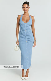 Julie Midi Dress - Halter Neck Button Front Dress in Blue