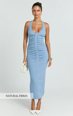 Julie Midi Dress - Halter Neck Button Front Dress in Blue