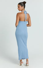 Julie Midi Dress - Halter Neck Button Front Dress in Blue