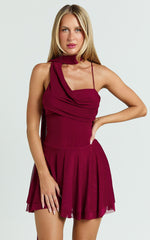 Karla Mini Dress - Asymmetric Tie Neck Fit And Flare Dress in Wine