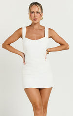 Kat Mini Dress - Linen Square Neck Dress in Off White