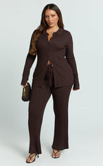 Kelsey Top - Button Through Long Sleeve Knit Top in Chocolate