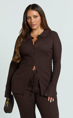 Kelsey Top - Button Through Long Sleeve Knit Top in Chocolate
