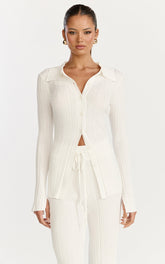 Kelsey Top - Button Through Long Sleeve Knit Top in Cream