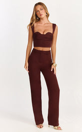 Kenna Two Piece Set - Gathered Bust Top And High Waist Straight Leg Pants Set in Chocolate