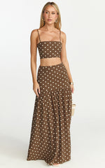 Leighton Two Piece Top and Skirt Set - Crop Top And Maxi Skirt in Choc/Cream Polka Dot