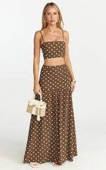 Leighton Two Piece Top and Skirt Set - Crop Top And Maxi Skirt in Choc/Cream Polka Dot