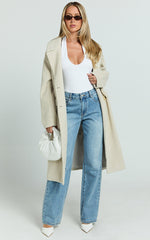 Libee Coat - Double Breasted Longline Coat in Oatmeal