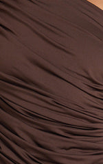 Lovlin Midi Dress - One Shoulder Ruched Dress in Chocolate