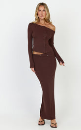 Lulu Two Piece Top and Skirt Set - Asymmetrical Button Detail Top And Maxi Skirt Set in Chocolate