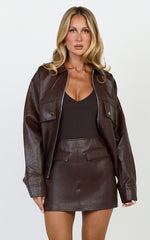 Lumi Mini Skirt - Faux Leather Pocket Detail Mini Skirt in Chocolate