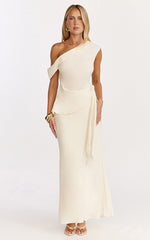 Minnie Two Piece Top and Skirt Set - Drape Off Shoulder Top and Maxi Skirt in Cream