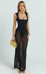 Morgana Maxi Dress - Mesh Square Neck Cap Sleeve Sheer Dress in Black