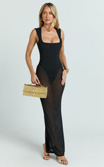 Morgana Maxi Dress - Mesh Square Neck Cap Sleeve Sheer Dress in Black