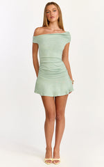 Ophelia Mini Dress - Ruched Off Shoulder Dress in Sage