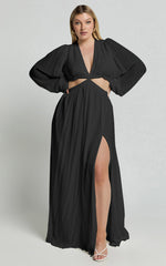 Paige Maxi Dress - Side Cut Out Balloon Sleeve Dress in Black