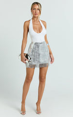 Paris Mini Skirt - Sequin Fringe High Waisted Skirt in Silver