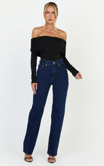 Phoebe Jeans - High Waist Straight Leg Stretch Denim Jeans in Dark Blue Wash