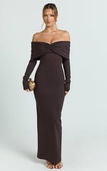 Rani Maxi Dress - Off Shoulder Long Sleeve Bodycon Dress in Chocolate