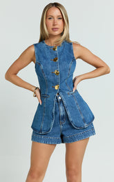 Rhianna Top - Button Down Longline Recycled Denim Vest Top in Dark Blue Wash