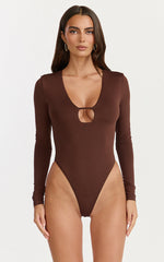 Ricki Bodysuit - Plunge Neck Long Sleeve Bodysuit in Chocolate
