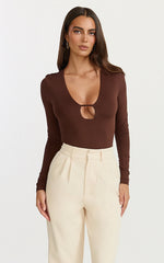 Ricki Bodysuit - Plunge Neck Long Sleeve Bodysuit in Chocolate