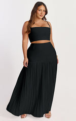 Rowan Two Piece Top and Skirt Set - Square Neck Crop Top and High Waist Pleated Maxi Skirt Set in Black