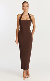 Salome Midi Dress - Halter Neck Column Dress in Chocolate