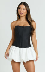 Santana Mini Dress - Strapless Fit And Flare Bubble Hem Dress in Black/White