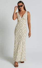 Sharlyn Midi Linen Blend Dress - Deep V Neck Sleeveless Slip Dress in Beige Sun Print