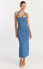 Skye Midi Dress - Halter Neck Panelled Denim Dress in Mid Blue Wash