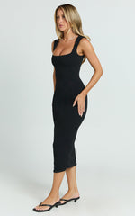 Stella Midi Dress - Square Neck Cap Sleeve Fitted Dress in Black