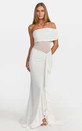 Hallie Maxi Dress - One Shoulder Flounce Dress With Leg Split And Sheer Panel in White