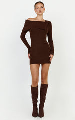 Tess Mini Dress - Asymmetric Off Shoulder Long Sleeve Knit Dress in Chocolate
