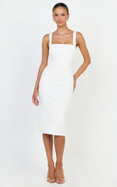 Tiffy Midi Dress - Square Neck Ruched Bodycon Dress in White