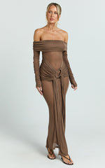 Velma Maxi Dress - Jersey Long Sleeve Off Shoulder Twist Skirt Dress in Brown