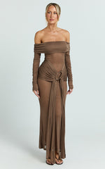 Velma Maxi Dress - Jersey Long Sleeve Off Shoulder Twist Skirt Dress in Brown