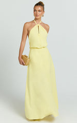 Violetta Maxi Dress - Backless Linen Look Hater Neck Dress in Lemon