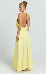 Violetta Maxi Dress - Backless Linen Look Hater Neck Dress in Lemon