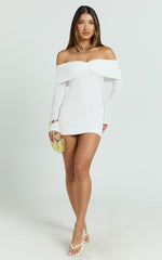 Virginia Mini Dress - Off Shoulder Sheer Sequin Knit Dress in White