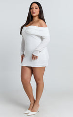 Virginia Mini Dress - Off Shoulder Sheer Sequin Knit Dress in White