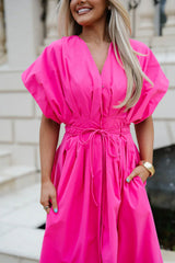 Haisely Pleated Midi Dress-Hot Pink