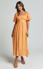 Roshina Midi Dress - Straight Neck Puff Sleeve Dress in Orange
